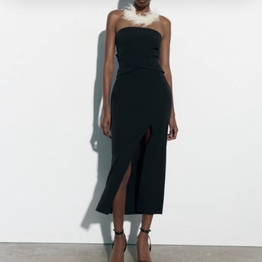 Zara NWT black strapless ruched midi dress